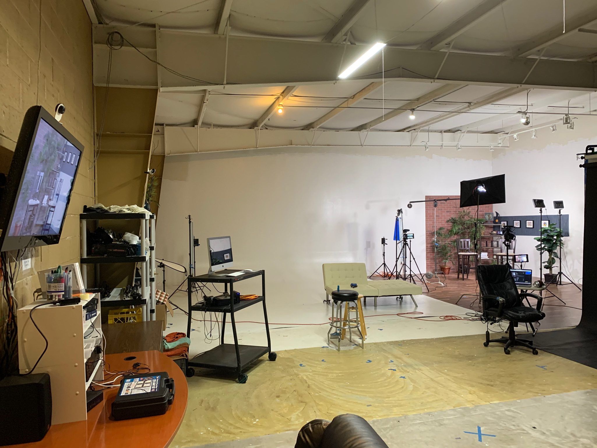 Wide shot of studio set up for video recording