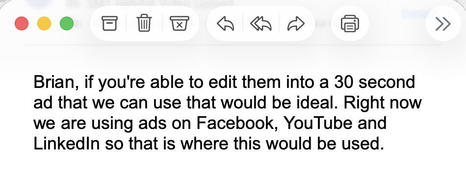 Client email confirming the proposed video ad concept is ideal.