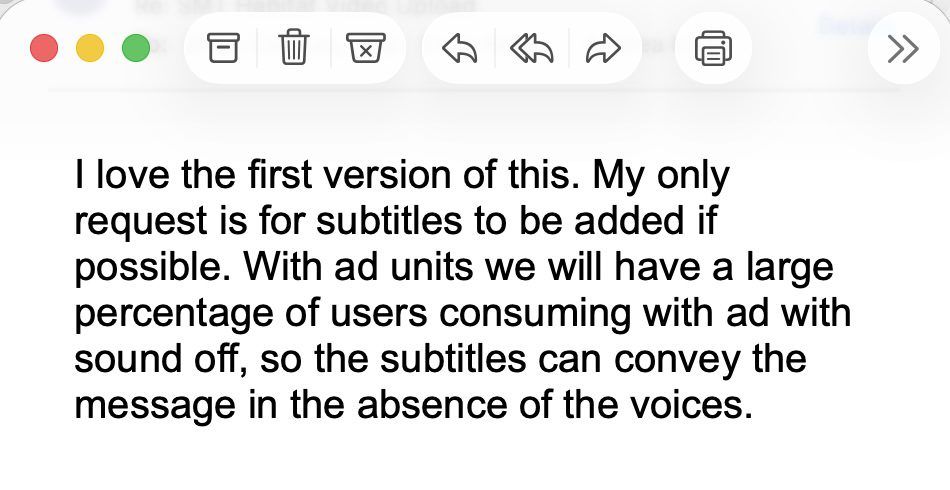 Marketing agency email praising the rough cut of the new commercial video ads.