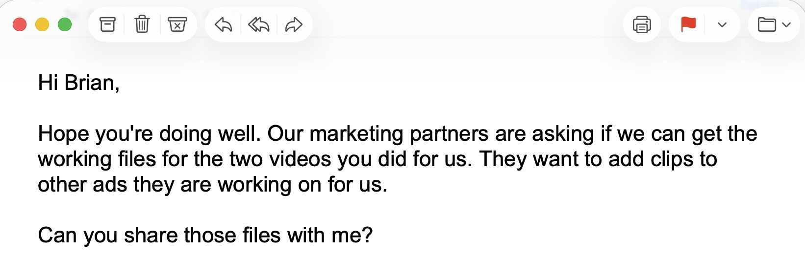 Client email requesting professional commercial video production files.