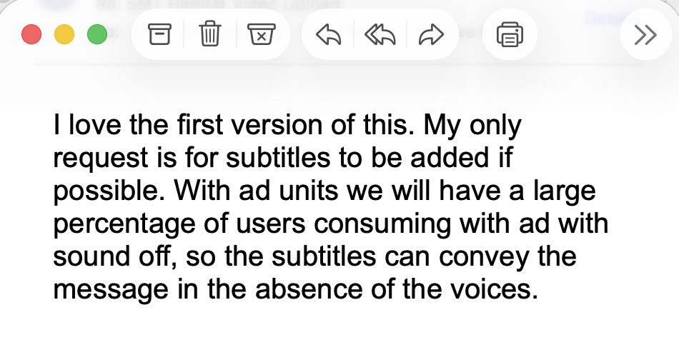 Marketing agency email praising the rough cut of the new commercial video ads.